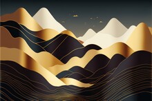 Luxury Landscape Psychedelic Illustration. Gold Black Mystery Futuristic Psychedelic Artwork, Digital Painting For Interior Design, Fashion Textile Fabric, Wallpaper