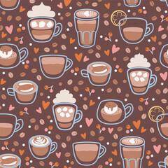 Wall Mural - Seamless pattern with different coffee cups. Latte, espresso, cappuccino, affogato, romano. Vector illustration.