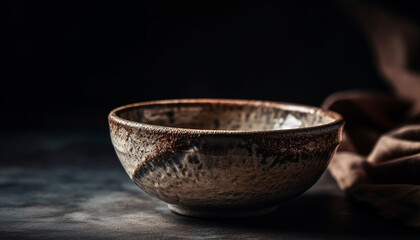 Canvas Print - Rustic earthenware pottery bowl on old fashioned table in kitchen studio generated by AI