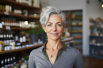 Portrait of a smiling senior black woman, healthy food store owner