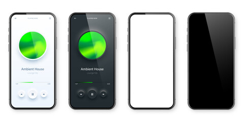 Wall Mural - Online audio player user interface, smartphone app UI design. Music, media streaming and listening platform. Responsive mobile application. Neumorphism, neumorphic style. Vector illustration.