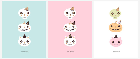 Wall Mural - Funny Hand Drawn Halloween Vector Cards. Set of 3 Prints with Skull, Pumpkin and Cat on a Pastel Pink, Light Blue and White Background. Halloween Party  Illustrations. RGB Colors.