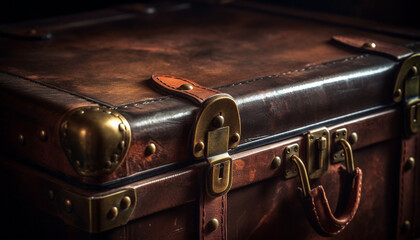 Poster - Old fashioned leather suitcase with rusty latch and weathered handle generated by AI