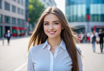 portrait caucasian female in business outfit on a street in a city