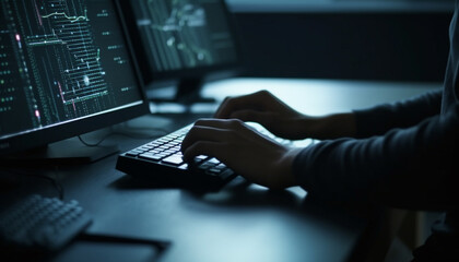 Canvas Print - Busy business person typing on computer keyboard in office at night generated by AI