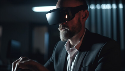 Poster - Confident businessman in VR simulator, using modern technology indoors at night generated by AI