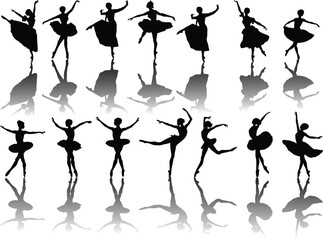 Wall Mural - ballet dancer fourteen silhouettes with shadows on white