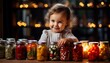 Cute little girl holding glass jars with variety of pickled vegetables and fruits. AI generation