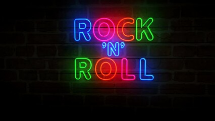 Wall Mural - Rock-n-roll neon on brick wall. Rock n Roll music club retro style  light color bulbs. Abstract concept 3d animation.