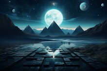 A Surreal Moonscape With A Geometric Symbol And Fantastical Blue Hues In A Galaxy Beyond. Generative AI