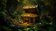 A treasure chest filled with gold coins is discovered in a mystical fairy forest cave, the scene painted in shades of green and gold. A symbol of fortune and adventure.