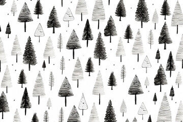 white paper texture with a lot of hand drawn christmas trees, thin lines, minimalistic ink drawing, clean, black and white,