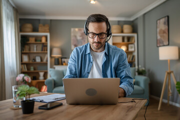 Wall Mural - One man caucasian male freelancer work from home on laptop computer