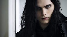 Portrait Of Young Man In 20s, Gothic Style, Long Black Hair And Coat