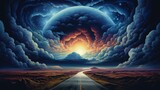 Fototapeta Kosmos - Long road through prairie landscape leading to sunset horizon, Surreal heavenly cosmic sky parallel universe, another dimension within our world, unreal golden hour cloudscape - generative AI
