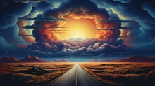 Long Road Through Prairie Landscape Leading To Sunset Horizon, Surreal Heavenly Cosmic Sky Parallel Universe, Another Dimension Within Our World, Unreal Golden Hour Cloudscape - Generative AI