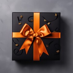 Wall Mural - Black gift box with orange bow for Halloween celebration on grey background, top view