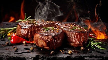 Delicious grilled sliced Beef Steak with sauce tomatoes and rosemary on a wood plate. AI generated image