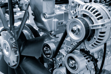 Aufkleber - Belt drive of Diesel engine electric generator. Close up car timing belt. Belt transmission close up. industrial technology concept background
