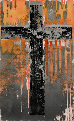 Wall Mural - black and gray cross on orange brown gray textured background with rough grunge effect - digital art with AI input