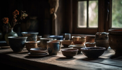 Canvas Print - Rustic pottery collection adorns old fashioned domestic kitchen shelf generated by AI