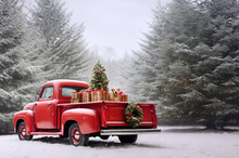Red Truck In The Snow With Room For Copy Space Created With Generative AI Technology
