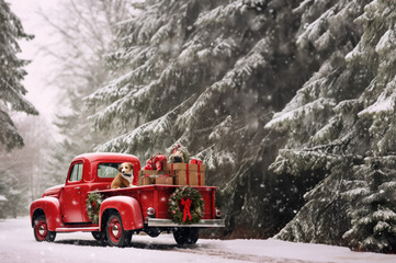 Wall Mural - Red Truck in the snow with room for copy space created with Generative AI technology