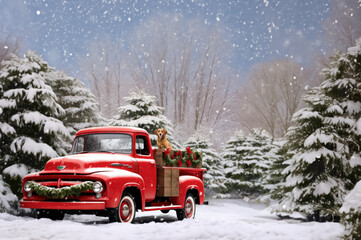 Wall Mural - Red Truck in the snow with room for copy space created with Generative AI technology