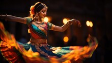Beautiful Woman In Traditional Indian Costume Dancing In The Evening Light