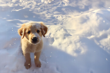 Wall Mural - Cut puppy in the snow with copy space created with Generative AI technology