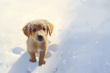 Wall Mural - Cut puppy in the snow with copy space created with Generative AI technology