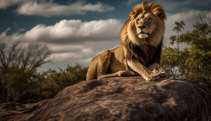 Poster - Majestic lion resting in the savannah, alertness in his eyes generated by AI