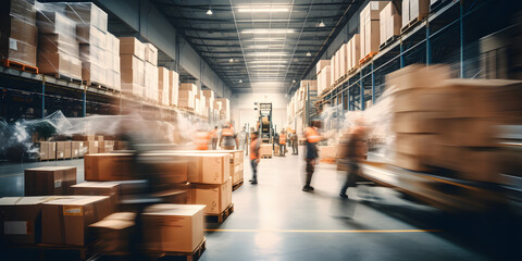 Wall Mural - Blurred image of warehouse employees in action, moving shipment boxes efficiently, showcasing the dynamics of international trade logistics 