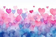 Multicolored Watercolor Hearts On A Background Of Pink Clouds, Valentine, Wedding Invitation, Banner