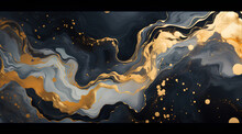 Luxurious Abstract Marble-Inspired Banner: Black And Gray Swirls With Gold Painted Splashes"