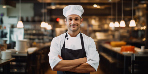 Man restaurant chef standing in front of a counter in an open kitchen restaurant