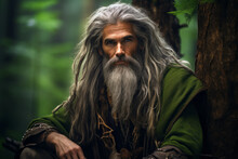 Man Druid Healer Portrait In Forest Next To A Tree