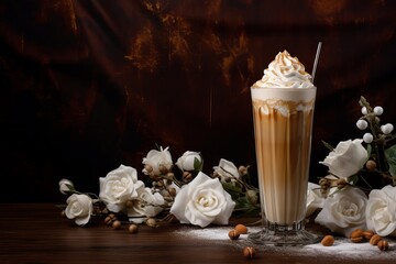 Wall Mural - a tall glass with warm coffee drink with cinnamon, whipped milk foam or cream and caramel on a kitchen table and christmas ornaments, lights and decoration.