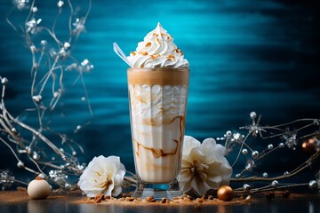 Wall Mural - a tall glass with warm coffee drink with cinnamon, whipped milk foam or cream and caramel on a kitchen table and christmas ornaments, lights and decoration.