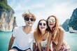 © Romana - a group of young diverse people students taking a selfie on a wide angle on a vacation in the tropical sunny land, ocean or sea in the background, Thailand or Bali