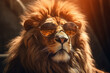 Lion in sunglasses, summer photo. AI generative.