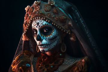 Wall Mural - Woman with Halloween Dia de los Muertos costume face paint on dark background