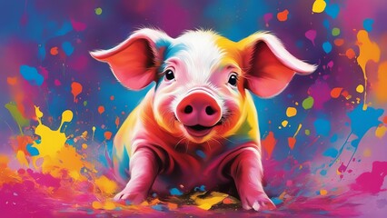 Large portrait of a piglet dipped in holi dyes on colored background, digital art