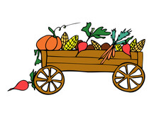 Bright Veggies For Harvest Festival. Cute Old Cart With Carrots, Beet, Corn And Pumpkin On White Background. Autumn Poster For Cards, Print, Decor, Booklets And Greeting Cards. Hand Drawn Healthy Food