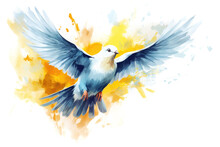 Blue Pigeon Of Peace On Yellow Watercolor Splashes In Ukrainian Flag Colors