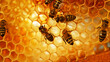 Leinwandbild Motiv Closeup of honey bees on wax honeycomb with hexagonal cells for apiary and beekeeping concept background