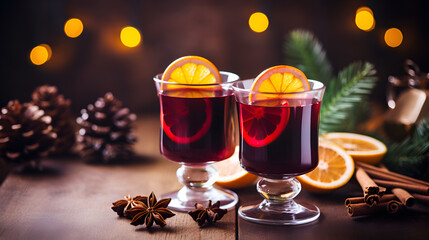 Wall Mural - Two glasses of mulled wine on rustic wooden table over christmas background with boken lights . Warming drinks. 2 glasses of hot red wine cocktail with spices, orange slice, cinnamon and anise stars