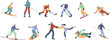 © MicroOne - Winter sports characters. Snowboard, ski and skating. Outdoor winter activity, snowboarders, skiers. Extreme sport group, kicky healthy vector lifestyle