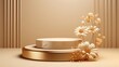 © Максим Зайков - Podium background product 3D gold cosmetic platform nature beige display advertising backdrop studio. Pedestal podium product green scene render stand golden space design luxury mockup. Generative AI