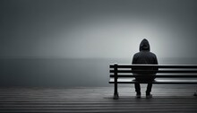 Anxiety Solitary Man In Hoodie Sitting On Bench From Behind Against Empty Dark Grey Background With Copy Space